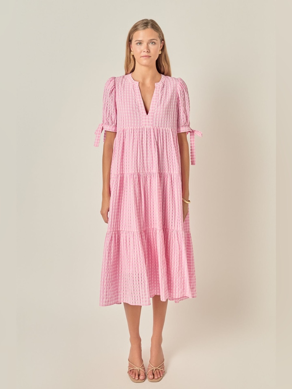 English Factory Pink Gingham Tiered Midi Dress